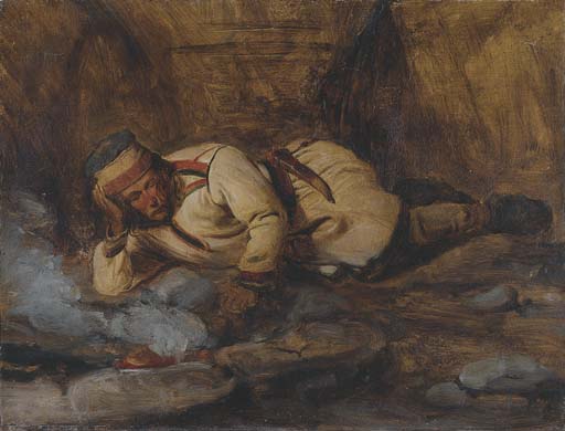 A Laplander asleep by a fire